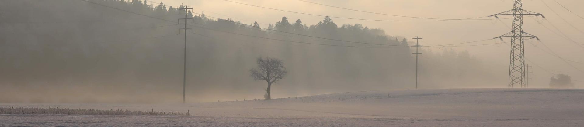 Schneebedeckte Felder, Stromleitung und Sonnenschimmer